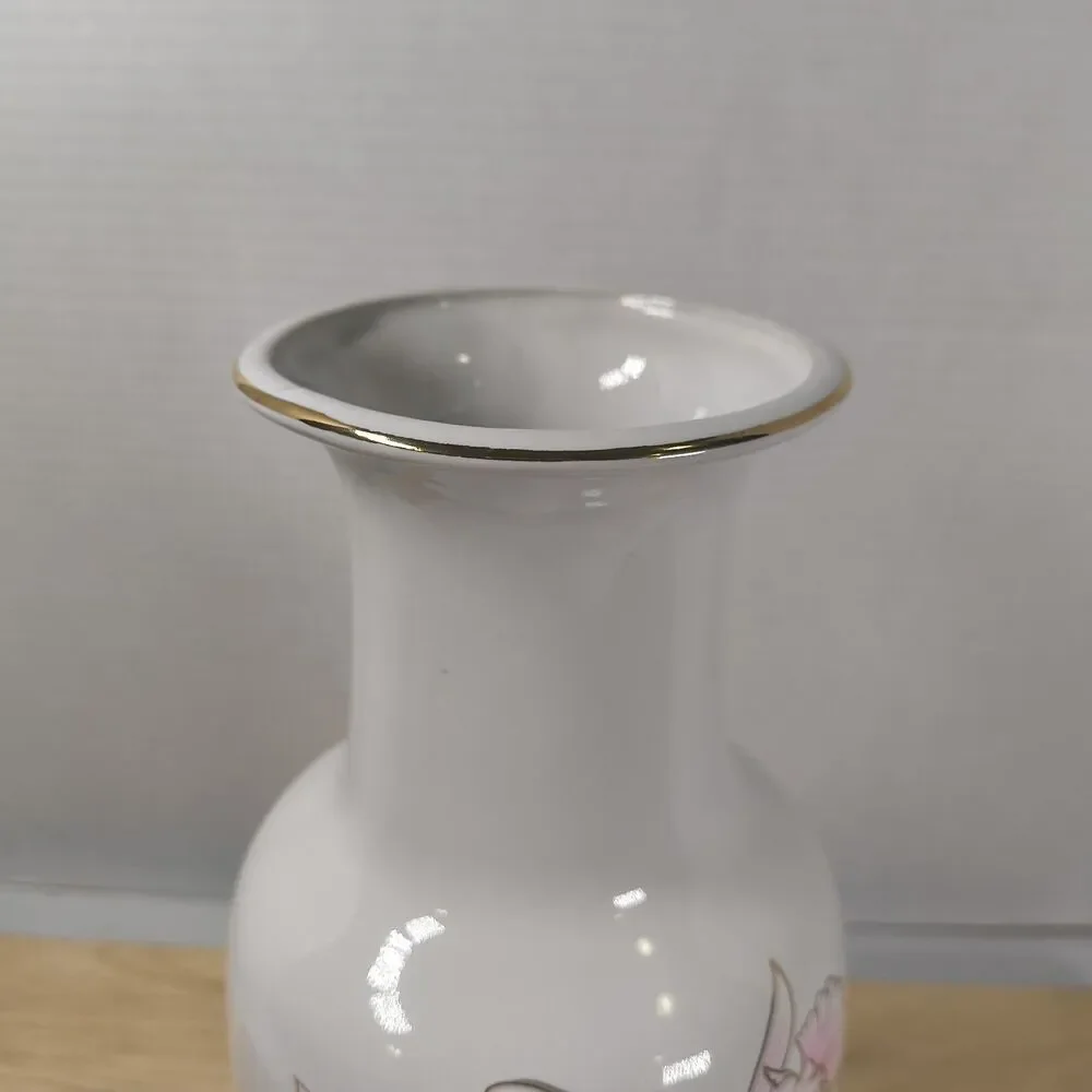 Vtg Fine China Japan White Vase Pink Cream Orchids Butterfly Gold Trim 10.5 ” H